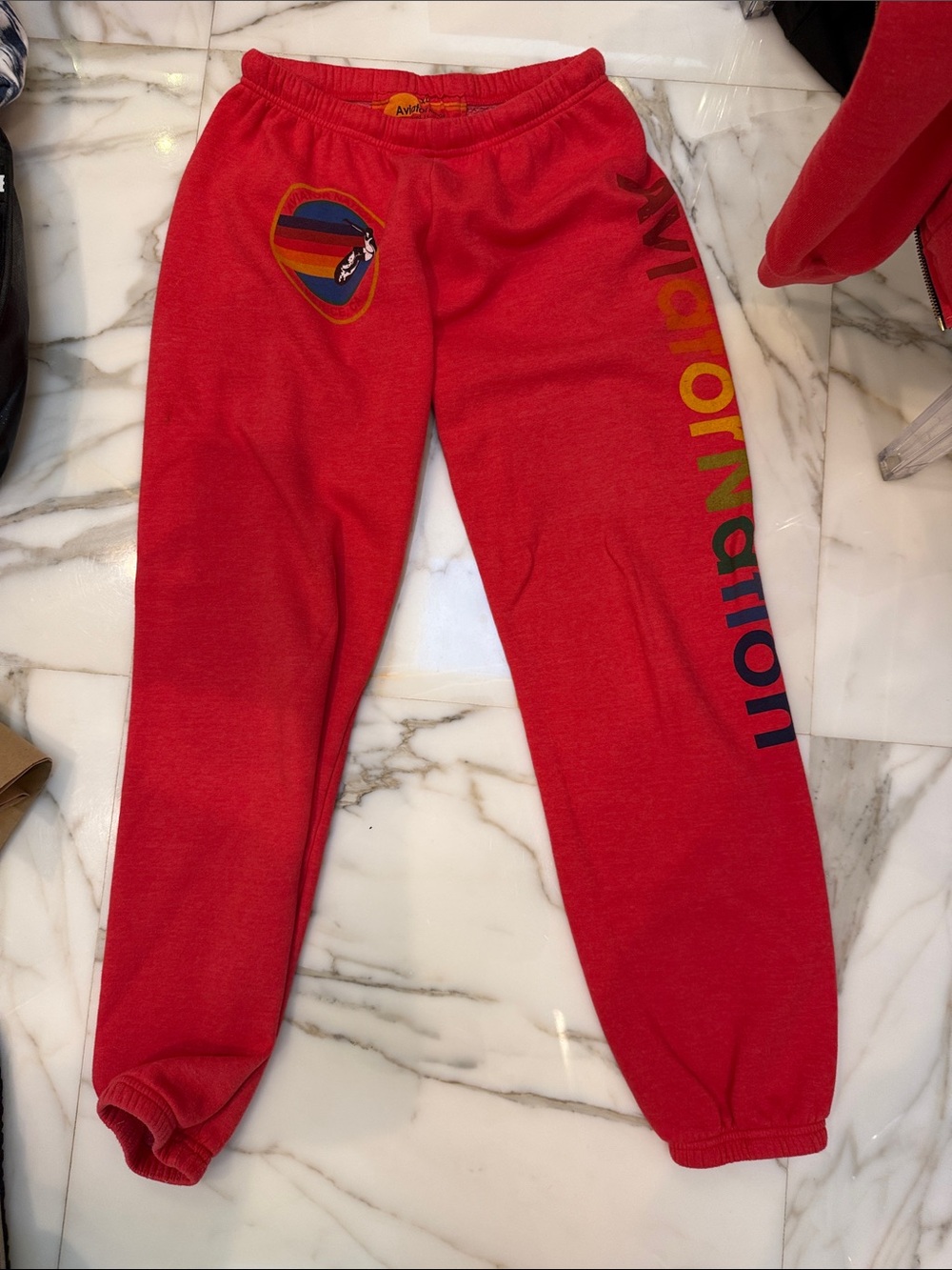 Aviator Nation SET Red Zip-Up Hoodie and Sweatpants with Rainbow Stripe Logo - Picture 5 of 7